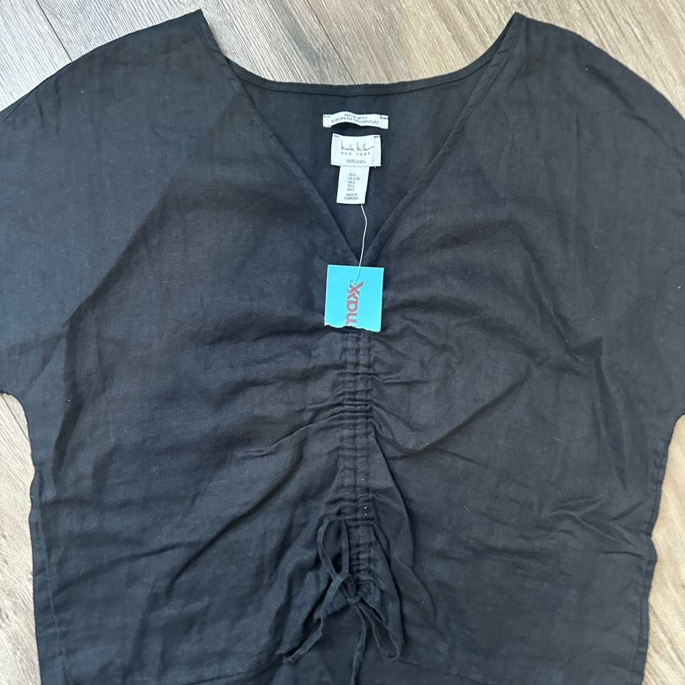 100% Black Linen Nicole Miller Black V-Neck Ruched Drawstring Top Shirt NWT - Picture 2 of 8